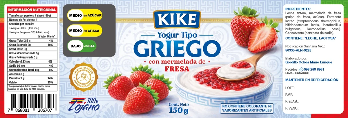 Etiqueta real de Yogurth Griego Sabor Mora KIKE
