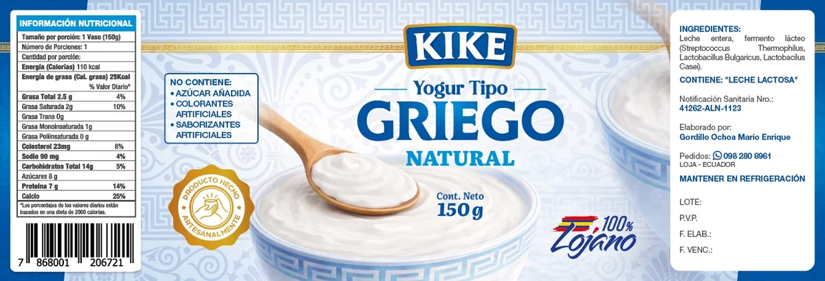 Etiqueta real de Yogurth Griego Sabor Piña KIKE