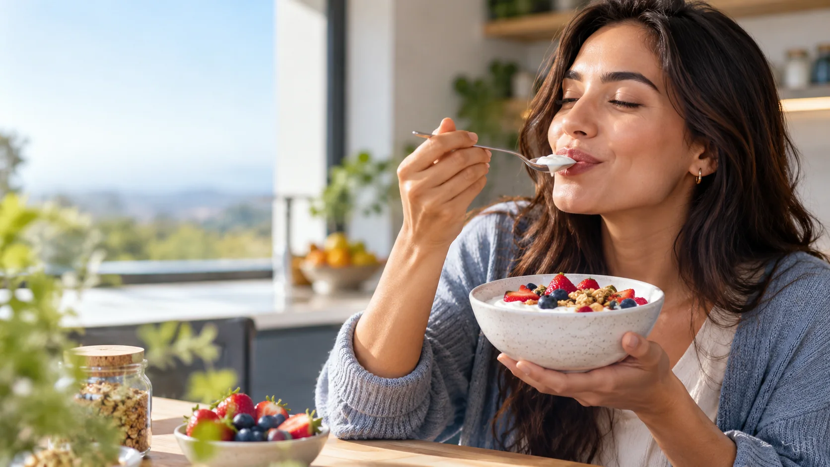 Tazón de yogurth griego KIKE servido con fresas, frutas y granola
