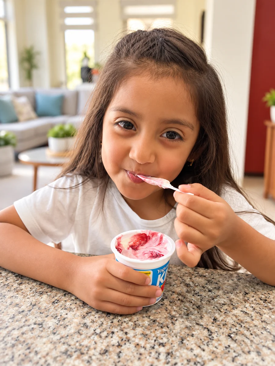 Niño disfrutando alegremente de su Yogurth Griego KIKE en el desayuno