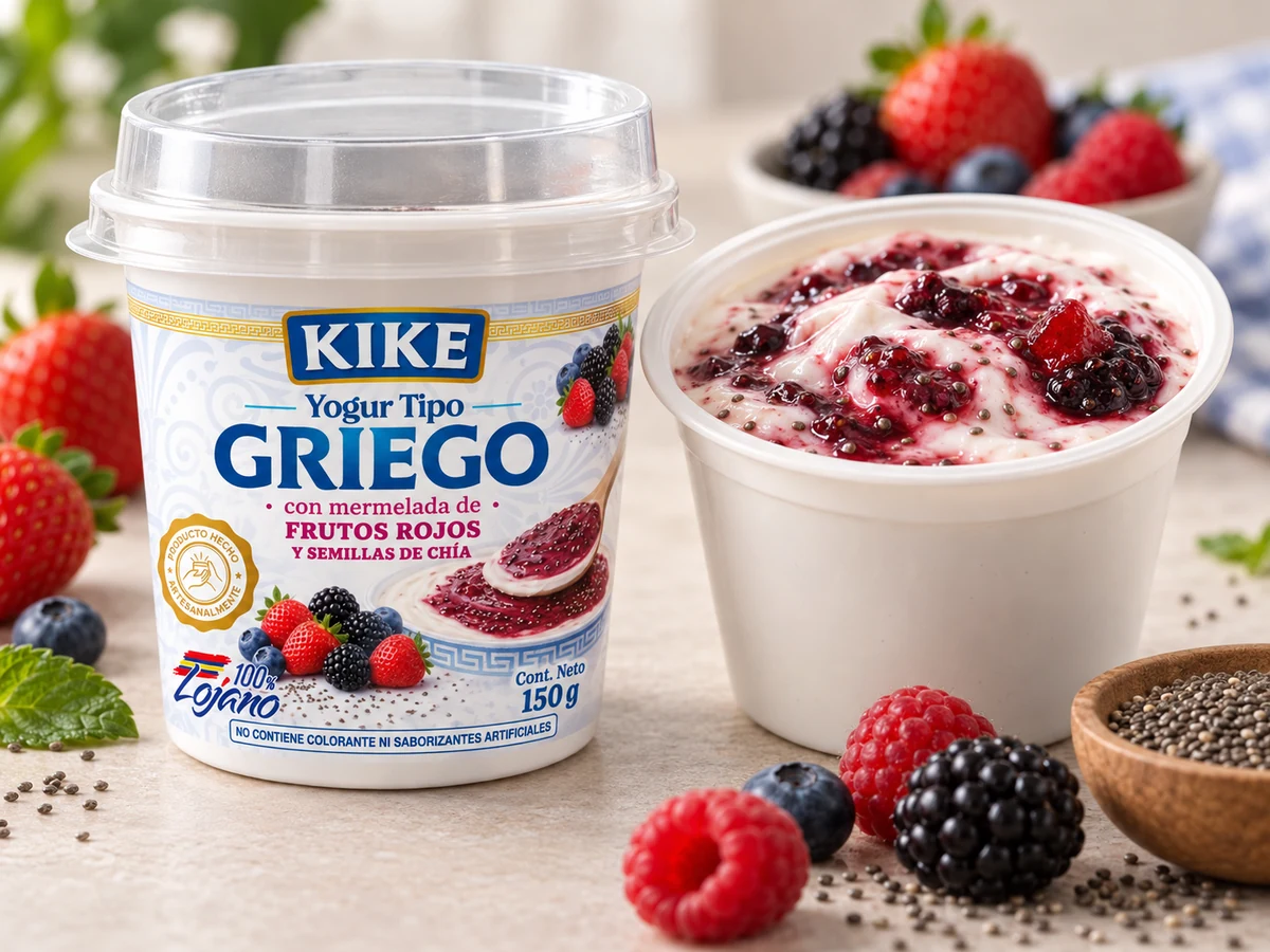 Fotografía real de Yogurth Griego KIKE Frutos Rojos con Chía en escena gourmet
