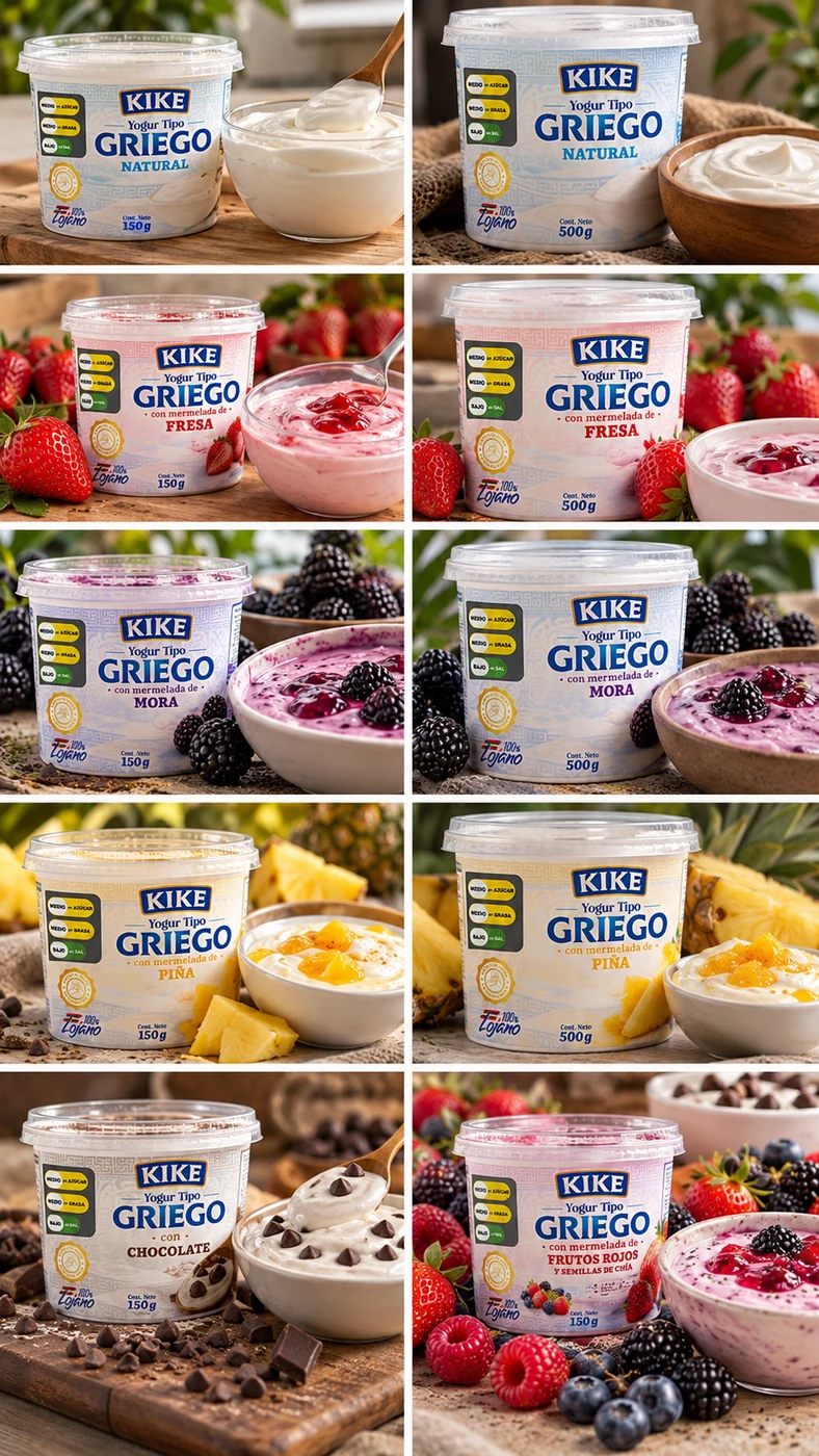 Fotografía de la colección y sabores de Yogurth Griego KIKE