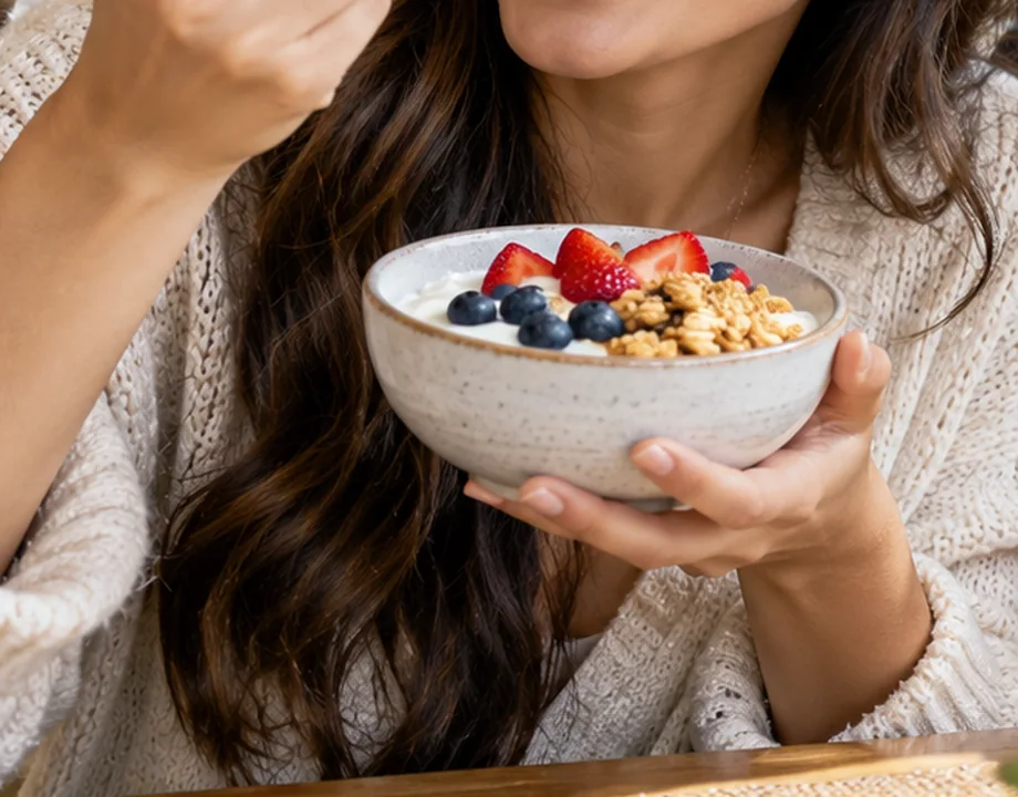 Bowl de yogurth con fresas y arándanos frescos